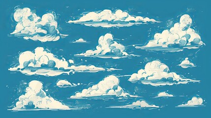 Collection of Hand-Drawn Vector Grunge Clouds on a Blue Background.