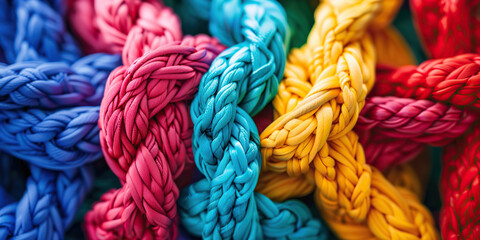 Team rope diverse strength connect partnership together teamwork unity communicate support. Strong diverse network rope team concept integrate braid color background cooperation empower power. - obrazy, fototapety, plakaty