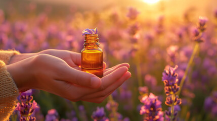 Hand holding lavender essential oil in a blooming lavender field, symbolizing natural wellness and...
