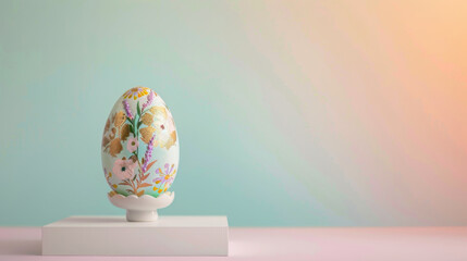 Elegant Floral Easter Egg on Pastel Backdrop. A single Easter egg with intricate floral patterns presented on a soft-toned stand, set against a harmonious pastel gradient backdrop. - Powered by Adobe
