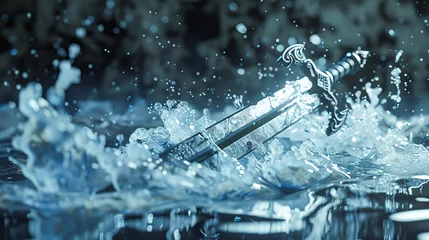 Foto op Plexiglas An epic scene featuring an ornate sword surrounded by dynamic, frozen-in-time water splashes creating a sense of action © Napat