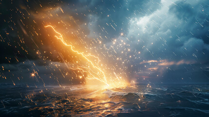 A dramatic seascape where mighty lightning bolts strike the ocean amidst a fiery storm, evoking a sense of nature's fury - obrazy, fototapety, plakaty