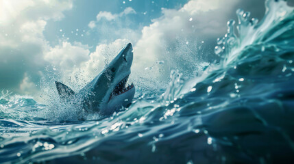 A fierce great white shark emerges powerfully from the ocean against a backdrop of explosive water thrusts - obrazy, fototapety, plakaty