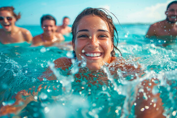 Young people friends swimming in the sea with smiles on their faces, surrounded by splashes of water