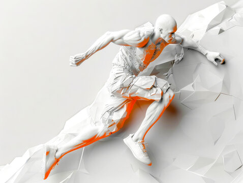 A visually striking image of a digital human figure in a running pose enhanced with vibrant orange elements against a neutral background