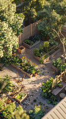 Aerial view of a well-maintained and abundant community garden with diverse flora and orderly pathways