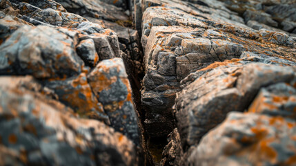 Detailed close-up of craggy coastal rocks with vibrant lichen patches, illustrating the raw beauty of natural geological formations