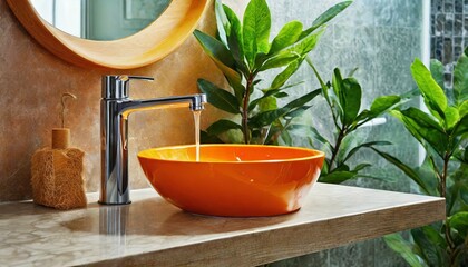 Harmony Haven: Close-Up of Eco-Friendly Orange Sink Offering Copy Space