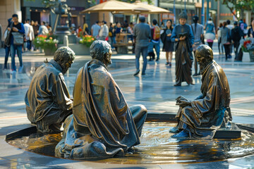 Three bronze statues appear in thoughtful repose at an urban fountain, set against a bustling city backdrop