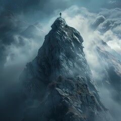Empowering Climber Reaching Summit Amidst Stormy Skies