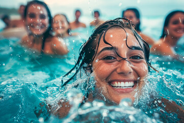 A group of young Latin girls swim in the sea with smiles on their faces, surrounded by splashes of water. Vacation concept