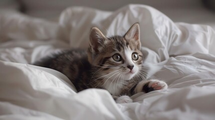 cute kitten playing in a bed