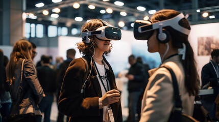 Fototapeta premium Young people experiencing virtual reality at a tech event. Suitable for content on technology, innovation, and the future of entertainment.