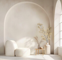Minimalist room studio with an arched wall in white beige colors. Interior mockup template for wall art.