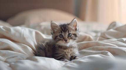 cute kitten playing in a bed