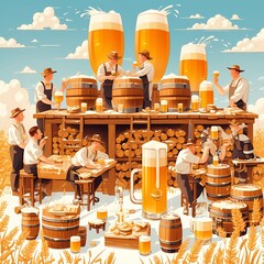 Festive Brewery Scene with Workers and Tons of Ale Fermenting in Barrels - obrazy, fototapety, plakaty