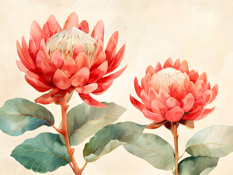 Watercolour illustration of waratah flowers, perfect for mother's day, birthday, or wedding invitation cards. Set on a creamy background with a romantic and exotic vibe.