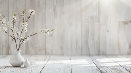 Blooming branches in a white vase, flowers emblematic of spring, light-filled wooden planks define a nature scene with freshness and still life elements - obrazy, fototapety, plakaty