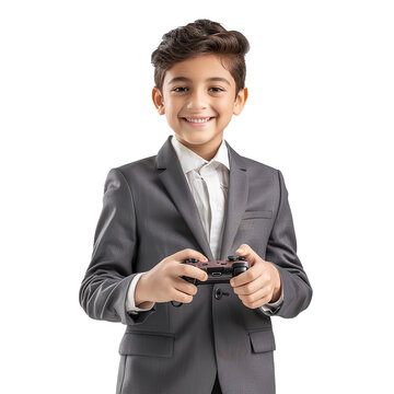 12 years old boy standing and using joy stick, smiling, front view ,with grey suit, isolated on white background.
