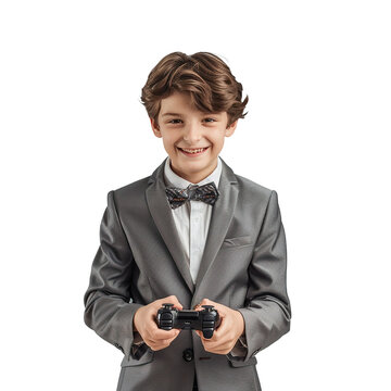 12 years old boy standing and using joy stick, smiling, front view ,with grey suit, isolated on white background.