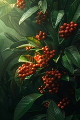 Create a vibrant botanical portrait of guarana vines, where clusters of ruby-red fruit burst forth in a celebration of vitality and energy