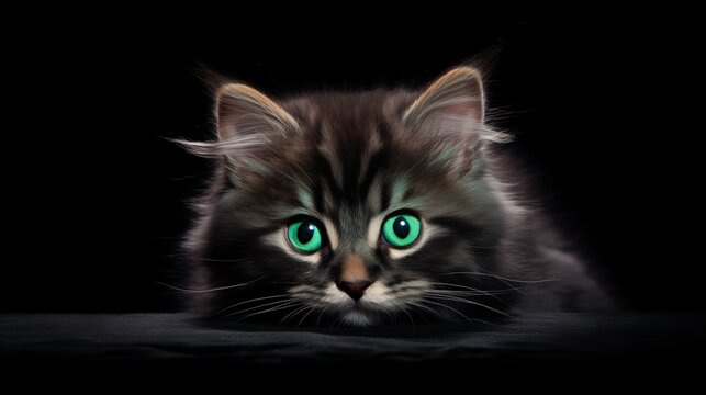 Fluffy kitten staring with spooky green eyes on black background.