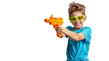 Asian kid boy holding toy gun, Thai child funny hold toy water pistol and smile, isolated on white background.