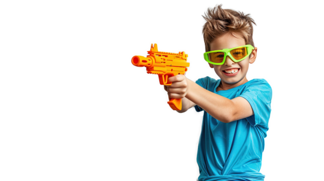 Asian kid boy holding toy gun, Thai child funny hold toy water pistol and smile, isolated on white background.