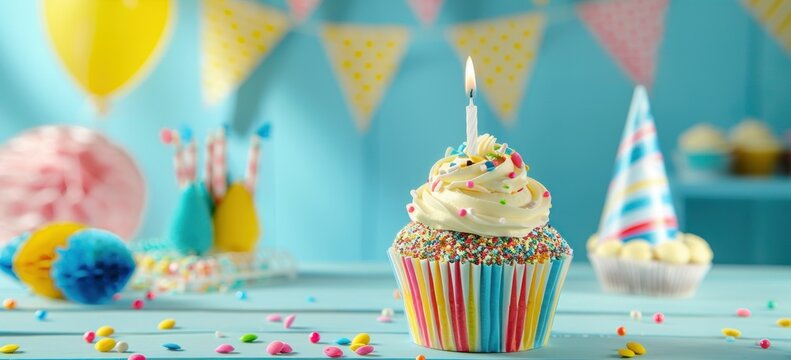 Colorful birthday cupcakes with flickering candles, symbolizing happiness, joy, and the spirit of celebration.
