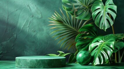 Green cylindrical podium with monstera leaf generative ai