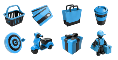 Shopping 3d style blue icon set. Basket, gift, credit card, coffee cup, scooter, target, delivery man 3d icon.