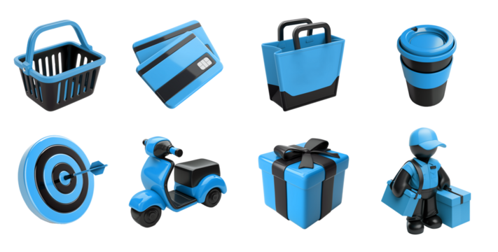 Shopping 3d style blue icon set. Basket, gift, credit card, coffee cup, scooter, target, delivery man 3d icon.