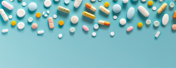 Assorted Medication on Aqua Background. An array of colorful pills and capsules scattered on a...