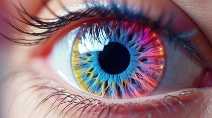 Healthy vision or eyesight with optometry treatment concept. Tired female eye with beautiful rainbow pupil. Closeup of a girl with contact lens and unusual pupil with iris color. - obrazy, fototapety, plakaty