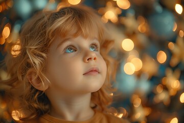 Dreamy child with sparkling eyes amid festive lights. Captures the wonder of childhood, perfect for holiday themes and family-oriented content.