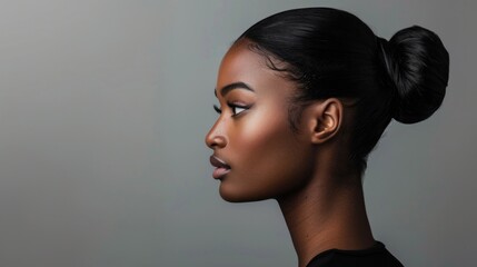 A stunning African American model with a sleek bun hairstyle, captured in a side profile against a plain gray backdrop.