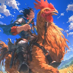 Explore a whimsical fantasy world with an unlikely knight and his rooster companion. This charming anime art piece captures the spirit of adventure and camaraderie. - obrazy, fototapety, plakaty