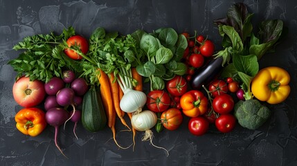 Composition from a set of different vegetables on a stone gray background, top view