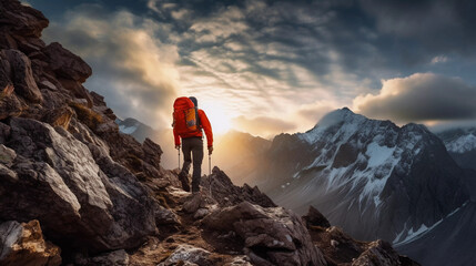 A bagpacker trek on mountain with using trekking poles and looking at beautiful sunset view on mountains