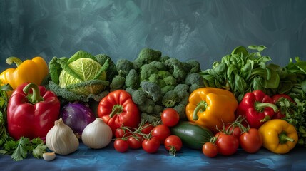 Composition from a set of different vegetables on a stone blue background