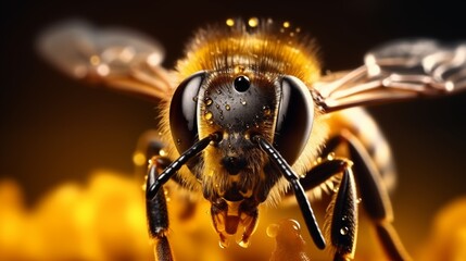 Fototapeta premium honey bee head close up macro view, collecting pollen.