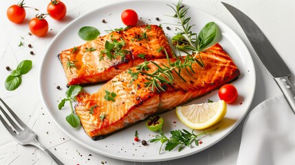 Grilled fish salmon steak with lemon, tomatoes and microgreen served on white background top view - 780085885