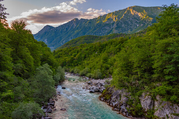 Sunset view over Soca river in Slovenia