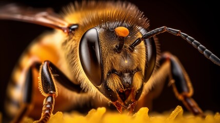 honey bee head close up macro view, collecting pollen.