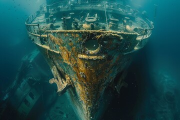 A shipwreck is seen in the ocean with a lot of debris and fish swimming around it. Scene is eerie and mysterious, as the ship is long gone and the ocean is filled with life - obrazy, fototapety, plakaty