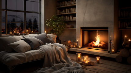 Having a fireplace or stove for a warm and cozy ambiance. In the spirit of hygge. - obrazy, fototapety, plakaty