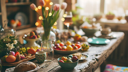 Hosting gatherings with loved ones, enjoying Easter treats, and creating cherished memories during the joyous celebration. Copy Space. - obrazy, fototapety, plakaty