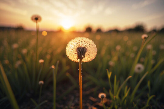 Flor Diente de Le&oacute;n al Atardecer en un esplendor dorado en la naturaleza salvaje.
