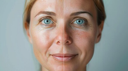 Comparing a woman's skin before and after treatment shows the impact of aging and the benefits of beauty treatments. - obrazy, fototapety, plakaty