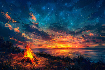 Colorful image of the sunset beyond the horizon or a brightly burning campfire under the starry sky. Warm tones and vibrant highlights to convey an atmosphere of warmth and coziness